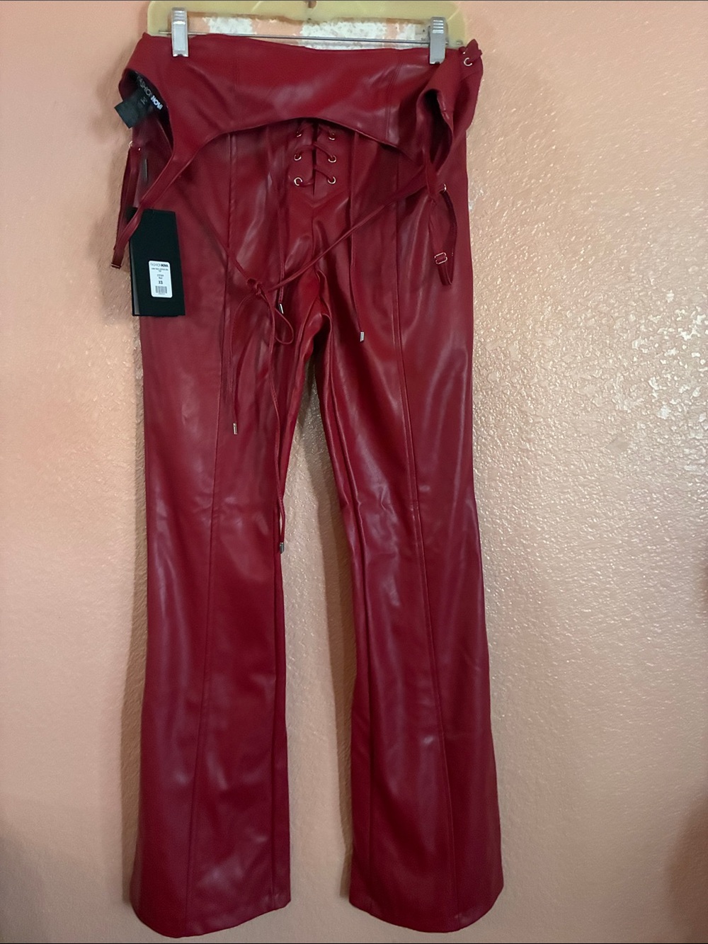 Fashion Nova Burgundy Faux Leather Lace-Up Flare Pants